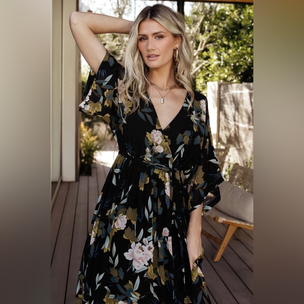 Baltic Born Kia Black Floral Kimono Maxi Dress
